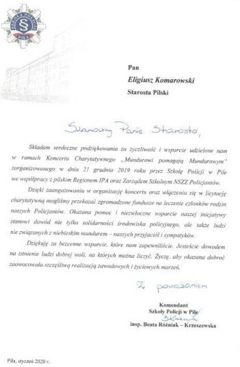 Podziękowanie Komendant Szkoły Policji w Pile