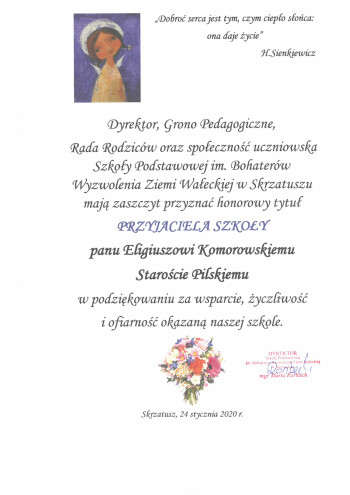 Podziękowanie Szkoła Podstawowa im. Bohaterów Wyzwolenia Ziemi Wałeckiej w Skrzatuszu