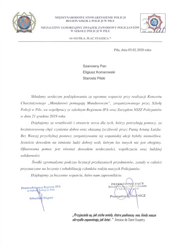 Podziękowanie Niezależny Samorządny Związek Zawodowy Policjantów w Szkole Policji w Pile
