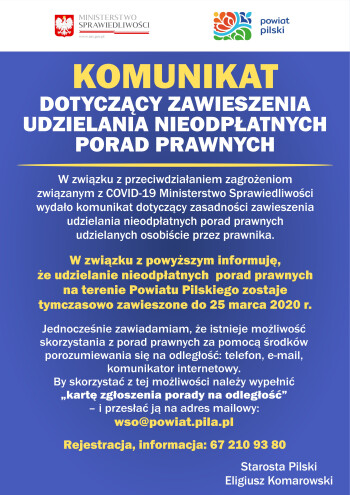 Nieodpłatne porady prawne zawieszone. Polecamy kontakt zdalny