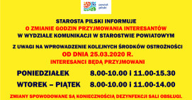 Wydział Komunikacji  - zmiany godzin przyjmowania interesantów 