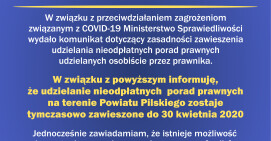 Stacjonarne darmowe porady prawne zawieszone do 30 kwietnia, polecamy kontakt telefoniczny  