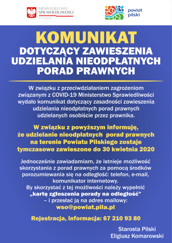 Stacjonarne darmowe porady prawne zawieszone do 30 kwietnia, polecamy kontakt telefoniczny  