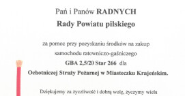 Podziękowanie Zarządu OSP w Miasteczku Krajeńskim za dofinansowanie nowego wozu ratowniczo-gaśniczego