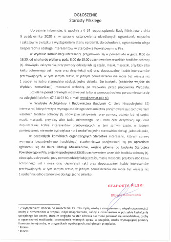 Ogłoszenie Starosty Pilskiego - 26.10.2020