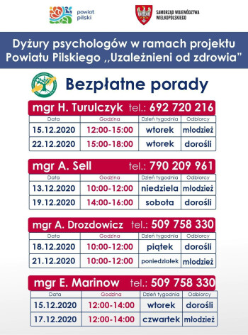 Pomoc w zakresie uzależnień. Dyżury psychologów 