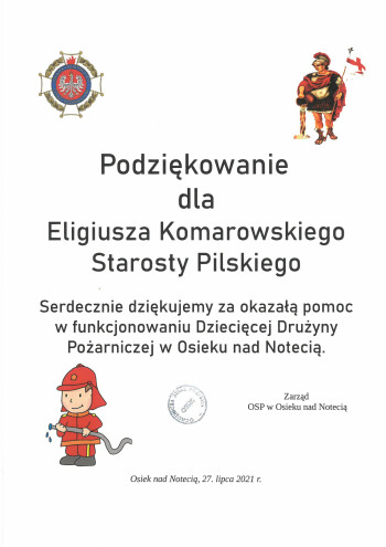 Dyplom dlla Starosty Pilskiego od Dziecięcej Drużyny Pożarniczej
