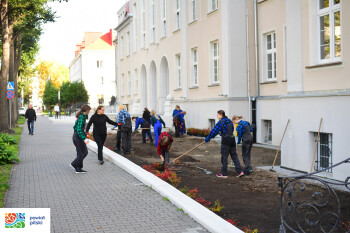Uczniowie sadzą zieleń przed budynkiem dawnego kina ISKRA
