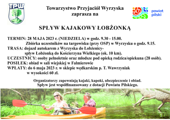 Zapowiedź spływu kajakowego, który odbędzie się 28 maja na rzece Łobżonce 