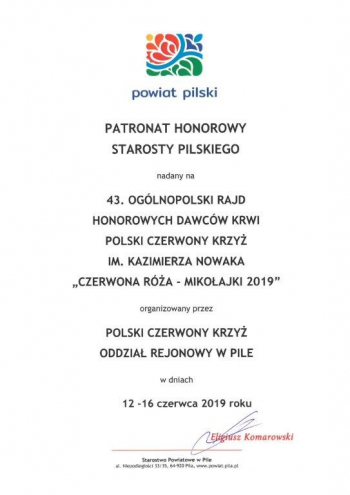 43.Ogólnopolski Rajd Honorowych Dawców Krwi Polski Czerwony Krzyż im. Kazimierza Nowaka "Czerwona Róża-Mikołajki 2019" 