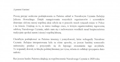 Podziękowania Prezydenta RP Andrzeja Dudy za udział w akcji Narodowe Czytanie