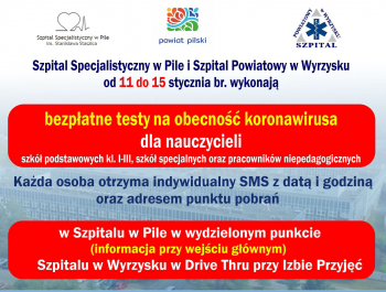 Szpitale w Pile i Wyrzysku będą testować nauczycieli na obecność koronawirusa