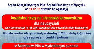 Szpitale w Pile i Wyrzysku będą testować nauczycieli na obecność koronawirusa
